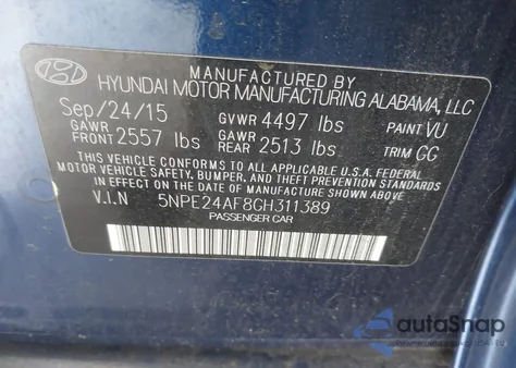 2016 Hyundai Sonata Se z USA, uszkodzony, nr VIN 5NPE24AF8GH311389